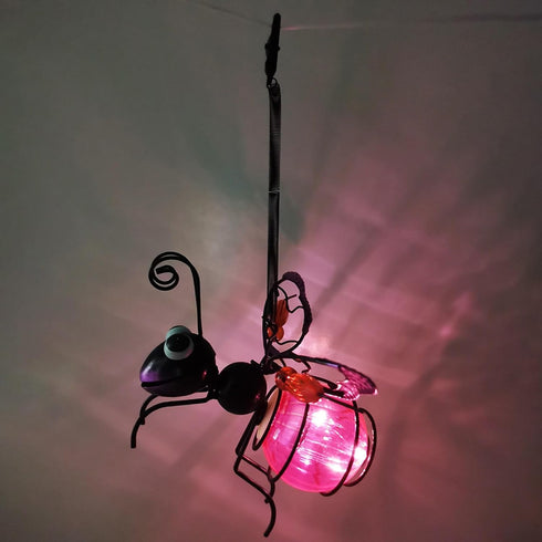 Honeybee Solar Lantern Garden Decor, LED Hanging Solar Dragonfly Decoration, Patio Yard Butterfly Sculptures,