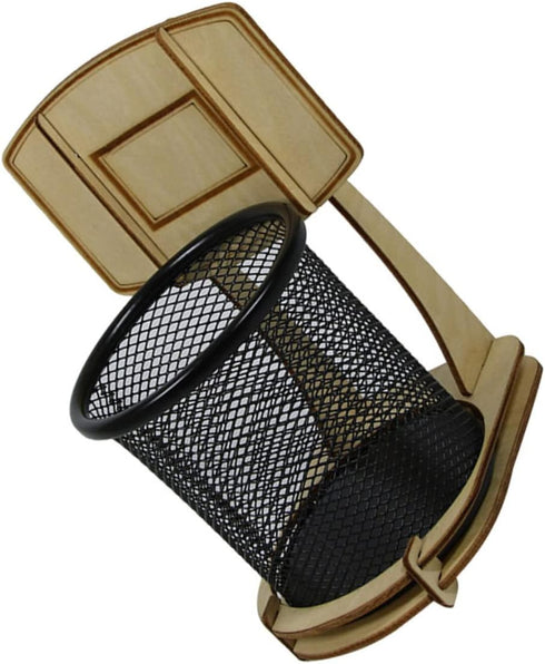 Basketball Stand Pen Holder, Kid Pencils Mesh Wire Pencil Cup Holder, Child Desk Kids Office Wood Grain Storage Box