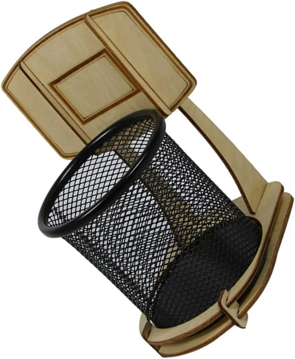 Basketball Stand Pen Holder, Kid Pencils Mesh Wire Pencil Cup Holder, Child Desk Kids Office Wood Grain Storage Box