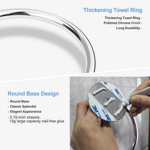 No Drilling 3M Self Adhesive Towel Ring with Strong Nail-Free Glue, Stainless Steel Towel Holder for Bathroom and