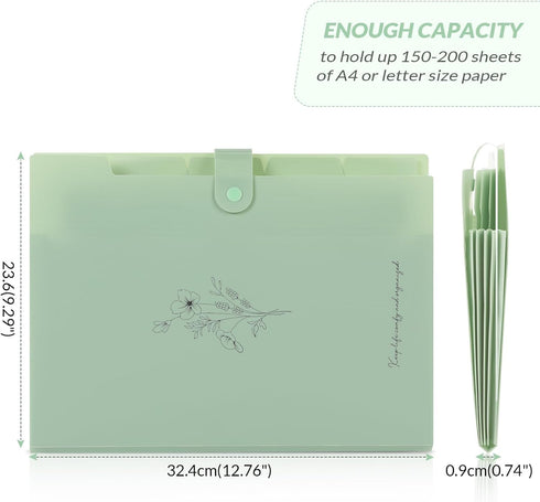 SKYDUE Expanding File Folder with 5 Pockets, Aesthetic Accordion File Organizer, Portable Document Organizer, Pea Green