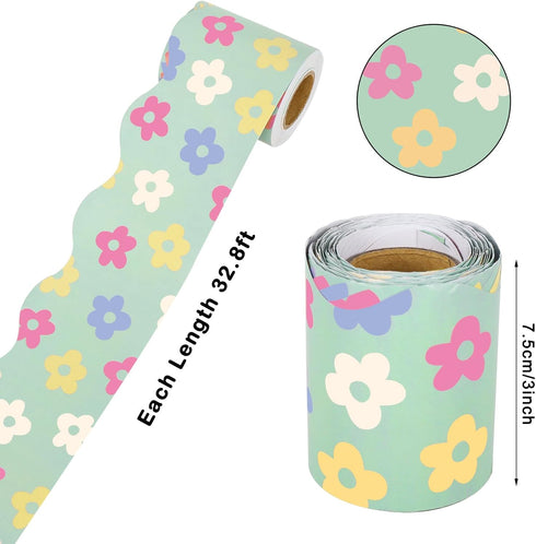 Whaline 196.8ft Pastel Boho Bulletin Board Borders, Daisy Flower Checkered Die-Cut Trim for Classroom Office