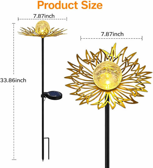 Solar Garden Lights Outdoor Decor, Metal Flower Stake Light with Warm White Crackle Glass Globe, Waterproof Decorative