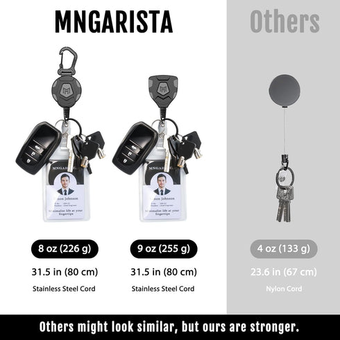MNGARISTA Heavy Duty Retractable Keychain, Belt Clip & Carabiner Versions, 31.5" Steel Rope, 2-Pack Tactical ID Badge