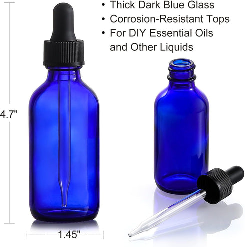 AOZITA 4 Pack 2 oz Dropper Bottles with 1 Funnel & 4 Labels - Thick Dark Blue Glass Tincture Bottles with Eye Droppers