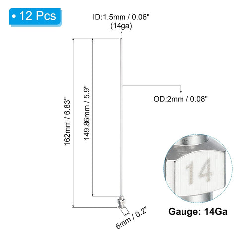 PATIKIL 14Ga x 5.9 Inch Stainless Steel Dispensing Needle Tips, 12Pcs Metal Glue Needle Tube Blunt Tips Luer Lock for Thick Glue Ink Lab, Silver