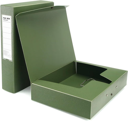 HUA JIE 2 Pack A4 Storage File Boxes, 65mm Spine Document Storage Box with Metal Clip for Office School, Green
