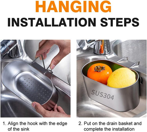 Frinovalt Stainless Steel Drain Basket, Kitchen Sink Drain Basket Storage Rack Strainer for Vegetables, Fruits, Kitchen