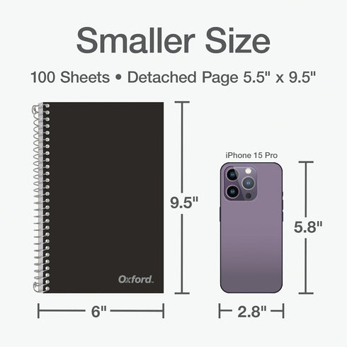 Oxford Poly Spiral Notebook, 2-Subject, College Ruled Paper, 100 Sheets, 6 x 9.5 Inches, Black Cover