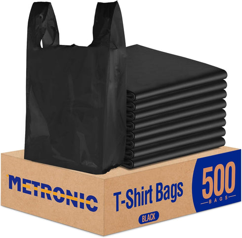 METRONIC 500 Count Black Plastic T-shirt Bags with Handle, 11.5 x 6.5
