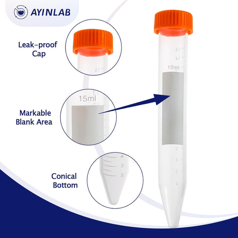 Conical Centrifuge Tubes 15mL, AyinLab Conical Tubes 50pcs, Polypropylene Plastic Test Tubes with Leak-Proof Screw Caps, Graduated and Write Marks, Non-pyrogenic and DNase/RNase Free