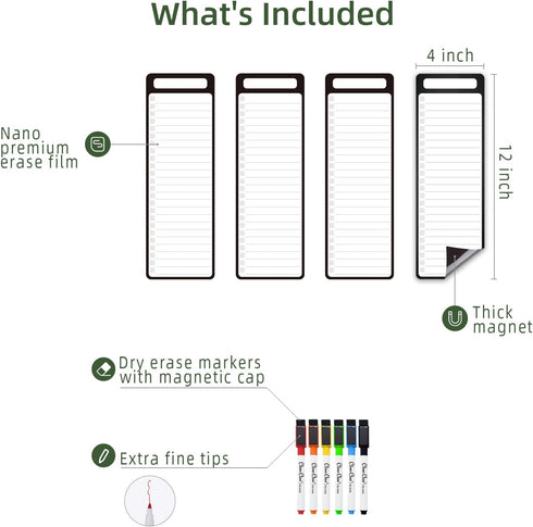 Magnetic Dry Erase List Board, 4"x12" Multifunctional List Board for Fridge, 6 Extra Fine Point Markers Included