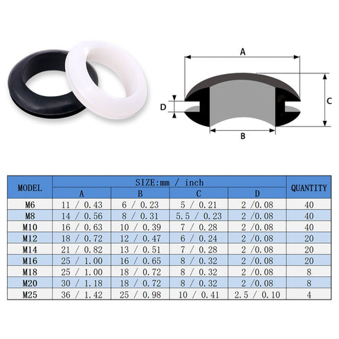 Glarks 200Pcs Black/White Round Rubber Grommet Assortment Kit - 9 Sizes for Electrical Wiring