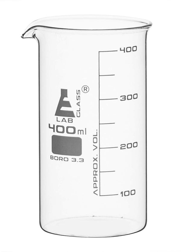 EISCO Beaker, 400ml Tall Form with Spout, White, 50ml Graduations - Borosilicate 3.3 Glass