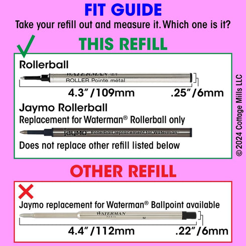 Jaymo Replacement for Waterman 540951 and Schmidt 5888 - Rollerball Pen Refill - 6 Black, Measures 4.3 in / 109 mm Long