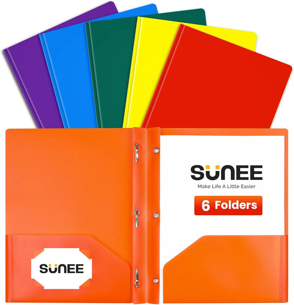 SUNEE 3-Prong Plastic Folders with Pockets (6 Pack, Assorted Colors), Tear-Resistant Plastic Pockets for School Office