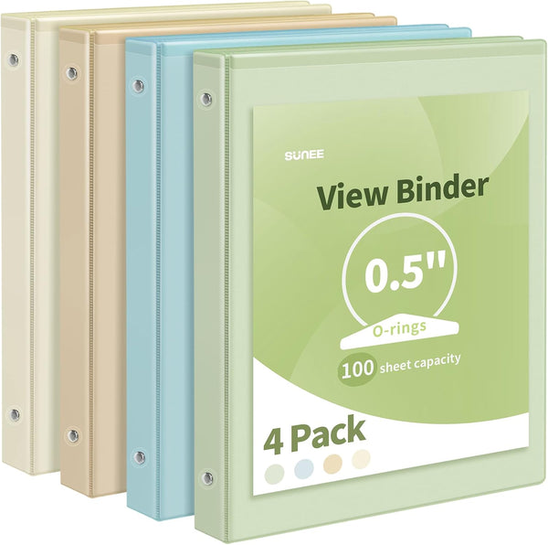 SUNEE 3 Ring Binder 1/2 Inch, 4 Pack, Clear Half Inch View Binder, PVC-Free, Neutral Aesthetic