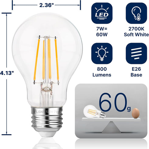 60W Dimmable A19 Bulbs, 7W, 800Lumens, 2700K CRI82, E26 15000 Bulbs, 4 Pack FLSNT Equivalent LED Light Efficient Soft