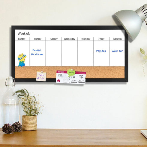 Magnetic Weekly Dry Erase White Board and Cork Board, Black Wood Frame, Magnetic Surface Whiteboard for Home
