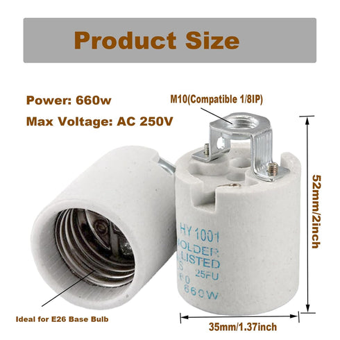 E26 (Pack 1) Keyless Porcelain Socket with Hickey,TWDRTDD Medium Base Keyless Porcelain Lampholder