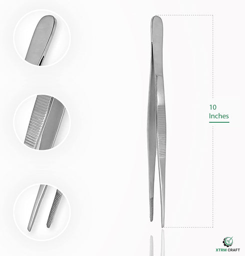 Thumb Dressing Forceps, Multipurpose Stainless Steel Tweezer with Serrated Tip (10 Inch)