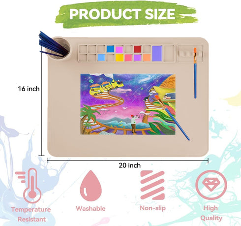 Silicone Painting Mat with Cup and Palette, 20"X16" Thick Silicone Art Mat for Craft, Artist Creator Mat