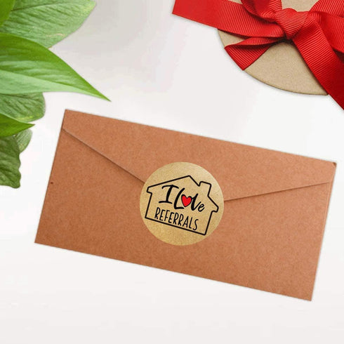 House Shaped I Love Referrals Sticker, 1.5" - Natural Brown Kraft Real Estate Agents Supplies, 504 Round Labels