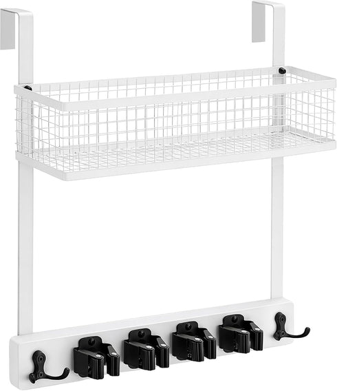 4 4 Lorbro Over the Door Broom Holder with Cleaning Supply Organizer, Wooden Mop and Broom Holder Wall Mount, Grips