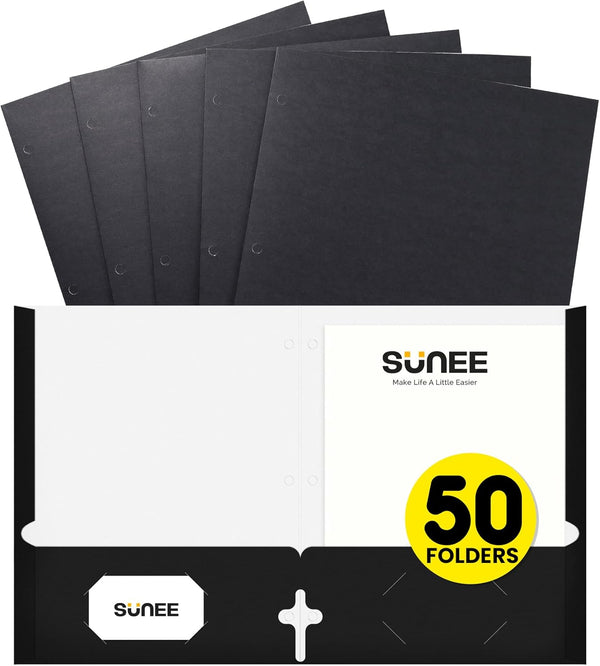 SUNEE Folders with Pockets, 50 Pack, 3 Hole Punched, Black, 2 Pocket Folders for School Office Home