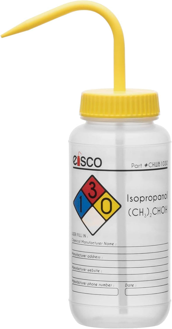 EISCO 2PK Wash Bottle for Isopropanol, 500ml, Labeled with Color Coded Chemical & Safety Information