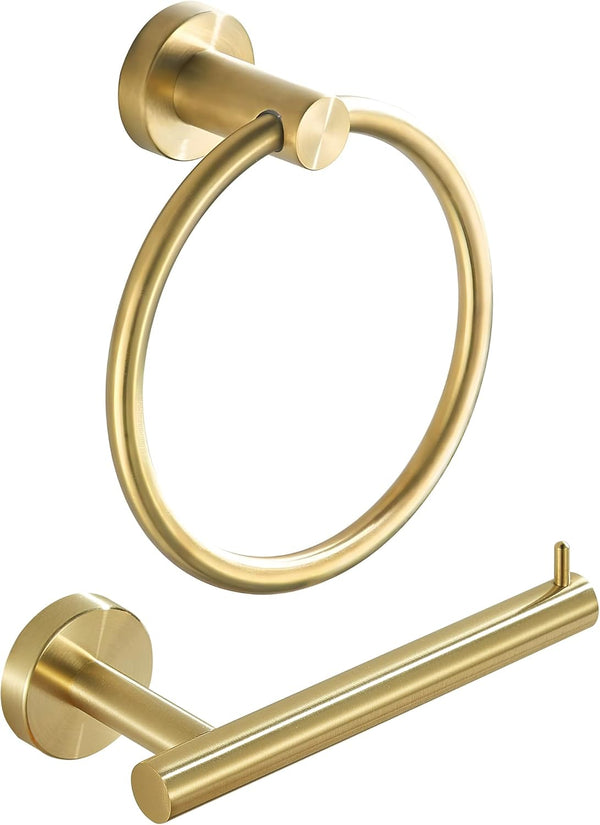 WINCASE Gold Toilet Paper Holder Towel Ring, Brushed Gold Bathroom Hardware Set, Rustic Farmhouse 2 Pieces