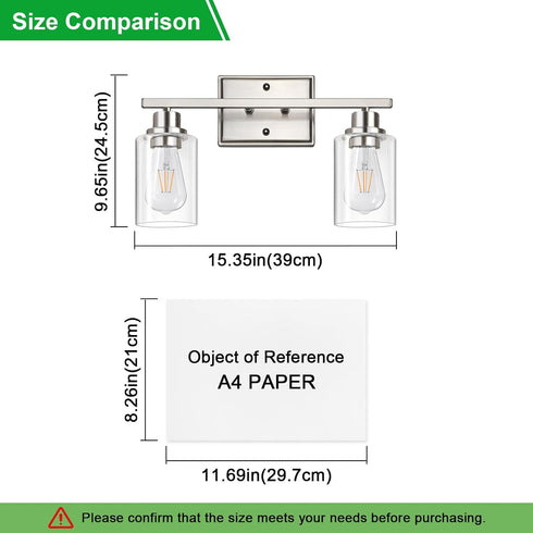 Unicozin 2 Light Bathroom Light Fixtures, Modern Vanity Lights Over Mirror, Brushed Nickel Wall Lamp with Clear Glass