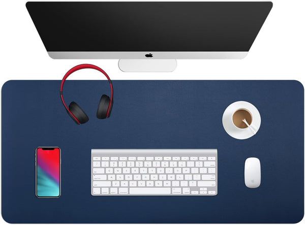 Dual Sided Leather Desk Pad (35.4 x 17"), Waterproof Office Mat, PU Mouse Pad, Desk Protector Cover (Blue/Yellow)