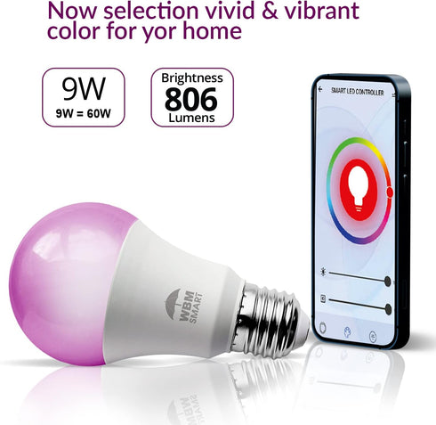 LED Color Changing Lights, RGBW 2700K-6500K, 60 Watt Equivalent, Dimmable with App, A19 E26, 4 Counts, No Hub Required
