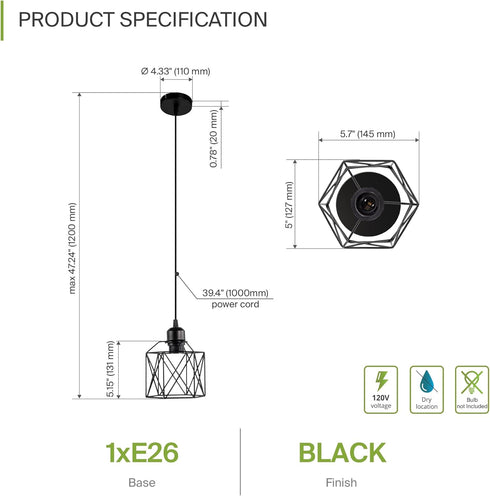 1xE26 120V 2 Pack ASD Black Pendant Light Fixture - ETL Modern Pendant Lights Kitchen Island, Industrial Hallway