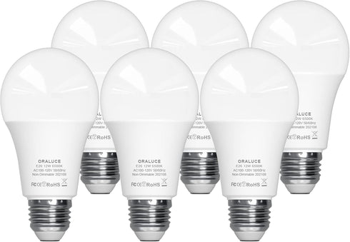 ORALUCE A19 LED Light Bulb, 12W, 100 Watt Equivalent, 1200LM, 6500K Cool White, E26 Base, Non-Dimmable, Energy