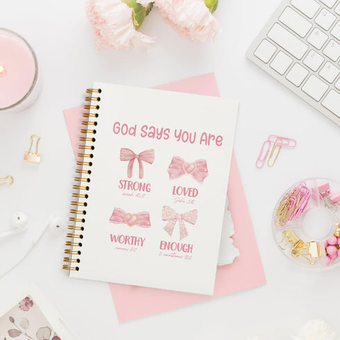 Pink Bow Coquette Notebook, God Says You are Christian Journal for Women, Bible Journaling Notebook