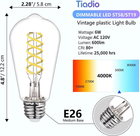 ST58 Edison Bulbs 60 Watt Led, 5000K Vintage Light Bulbs, E26 Led Bulb 60 Watt Dimmable Plastic 600ML, Antique Decorative Filament LED Bulb for Bedroom Office Fan Lights Ceiling Fixtures 12 Pack by Tiadio