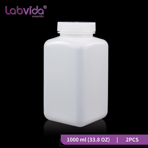 Square Reagent Bottle, HDPE Wide Mouth Plastic, 2 pcs of 1000ml Sample Sealing Storage Container