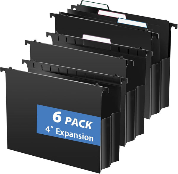 Plastic Extra Capacity Hanging File Folders, 6 Pack Heavy Duty 4" Expandable with Movable Dividers, Letter Size-Black