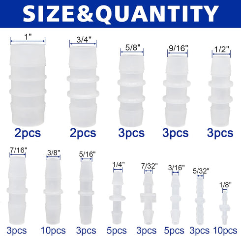 55Pcs 13 Sizes Hose Barb Fittings Kit, Pipe Connector Joint Splicer Mender Adapter Union for Aquarium Adapter Gas Liquid Air