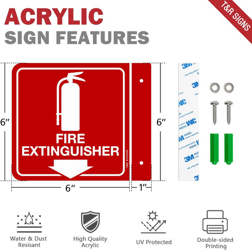 T&R Fire Extinguisher Sign, 2 Pack, 6 x 6 Inches Acrylic with Down Arrow, Includes Matching Screws