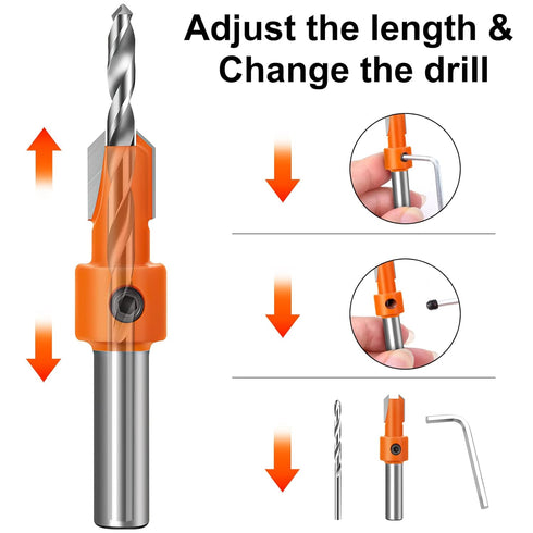 Lytool 5Pcs Countersink Drill Bit Set, Tapered Drill Bits for Woodworking with Depth Stop and Allen Wrench