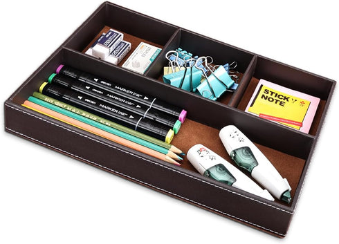 KINGFOM Pu Leather Desk Organizer Tray, 4 Compartment Storage Supplies Drawer Tray for Key, Wallet, Phone