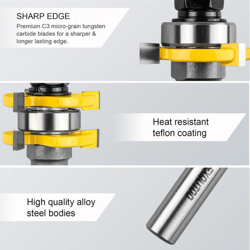 2 Pieces T Shape Tongue and Groove Router Bit Set, 1/4 Inch Shank, Woodworking Tools