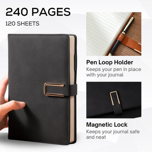 Leather Journal A5 with Pen compartment, Leather Bound for Women Men School, Office, Work, Daily and Travel Diary Writing Journal (Black with Lock) - 240 pages by Casanovea