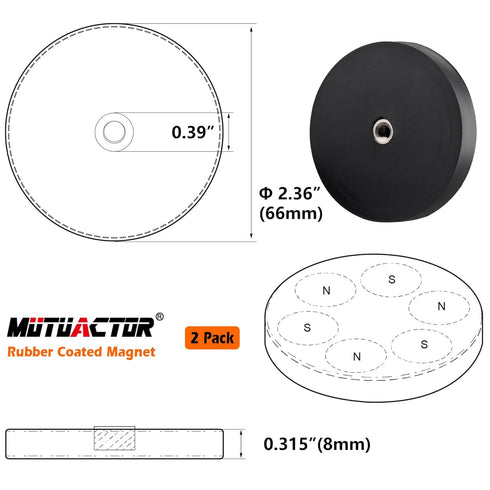 MUTUACTOR 62LB Anti-Scratch Neodymium Rubber Coated Magnet with M6 Female Thread, Non-Slip Strong Monting Magnet for Led Lighting Bar, Signal Lighting, Tools, Flag