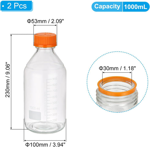 PATIKIL 2 Pack Reagent Media Storage Bottles, 1000ml Borosilicate Glass Graduated Round Bottles with Orange GL32 Screw Cap for Lab Water Reagent Liquids, Clear by PATIKIL