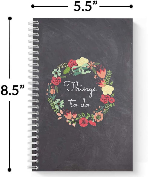 Hardcover Floral Wreath Things to Do Spiral Notebook/Journal, 5.5" x 8.5", 120 Checklist Pages, Soft Touch Matte Cover