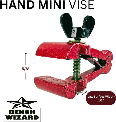 3" 1.25" 0.5" BENCH WIZARD Mini Handheld Vise | Adjustable Width Vise Jaws Can Open Wide Using Wing Nut Tension Screw |